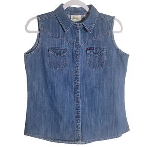 Wrangler Denim Snap Up Vest Women's Size Medium Blue Pink Western Cowgirl Ranch